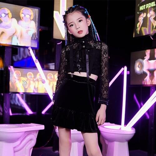 Hip Hop Dance Costumes Kids Black Jazz Stage Rave Outfit Street Dance Practice Wear Girls Lace Performance Clothing 2 Pcs DC2992