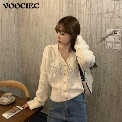 VOOCIEC Autumn Woman Oversize Knitted Cardigan Korean Sweater Casual Hollow V-Neck Loose Vintage Office Lady Light Cardigan