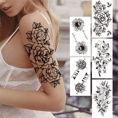 Large 3D Rose Flower Temporary Tattoos For Women Girls Fake Peony Tattoo Sticker Compass Black Anemone Carnations Tatoos Sexy