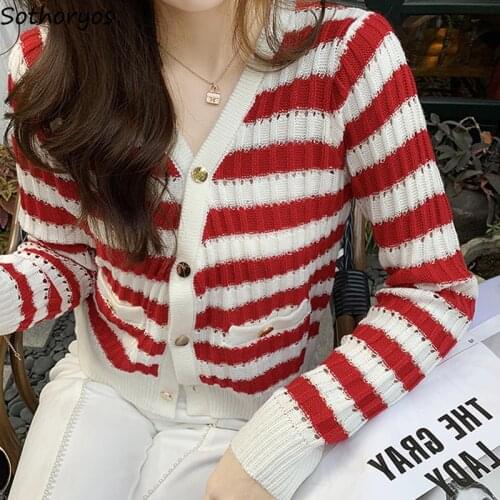 Cardigans Women Striped Simple V-neck Chic Fashion Loose Leisure Cool All-match Elegant Female Classic Knitted Jumpers Ulzzang