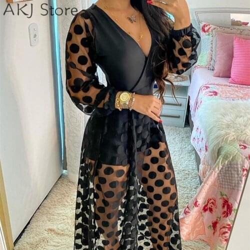 Women Sexy Polkadot Print Wrap Long Sleeve Maxi Dress See Through Party Elegant V Neck Long Dress