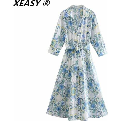 XEASY Women 2021 Elegant V Neck Floral Print Bow Sashes Midi Shirt Dress High Street Female Three Quarter Sleeve Vestidos Mujer