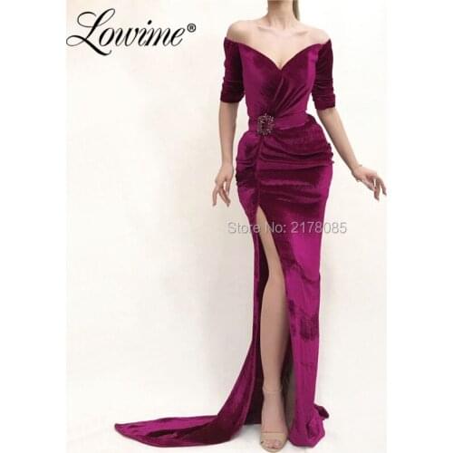 Elegant Velvet Women Evening Dress Mermaid Off Shoulder Arabic African Party Gowns 2019 Pleat Half Sleeves High Split Prom Dress