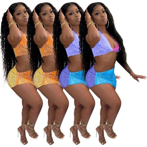 ZKYZWX Bandana Print Two Piece Set Summer Vacation Outfits Sexy Clubwear Sleeveless Crop Top Bodycon Mini Dresses Matching Sets