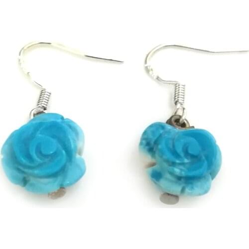 3 inches 10mm Blue Natural Carved Flower Shaped 925 Sterling Silver Turquois Stud Earring