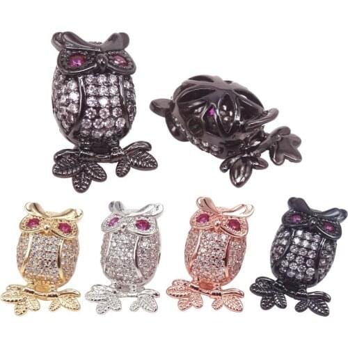 4 Colors Micro Pave White Cz Crystal Owl Bird Spacer Metal Beads Fit For Animal Bracelet DIY Jewelry Making Zircon Accessroies