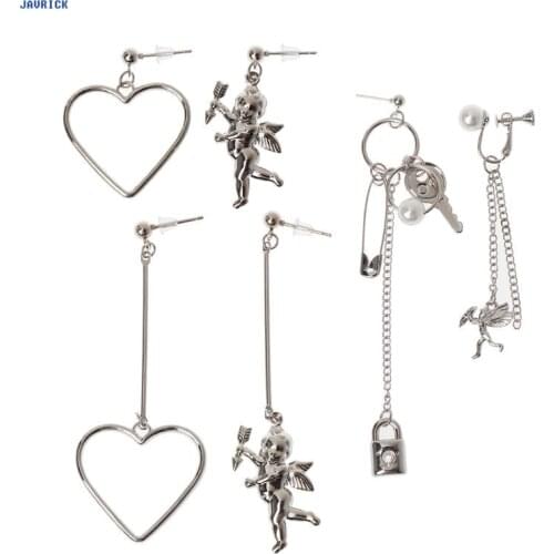 Cupid Angle Heart Asymmetric Pendant Metal Tassel Drop Earring Fashion Jewelry