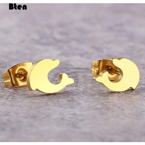 Bten Cute Romantic Dolphin Love Stud Earrings For Women High Quality Jewelry Stainless Steel Brinco Bijoux