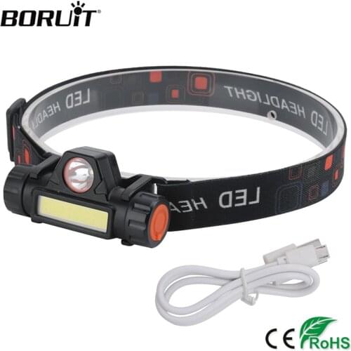 BORUiT XPE COB LED mini Headlamp Stepless Dimming Headlight USB Rechargable 18650 Head Torchwith Magnet for Camping Hunting