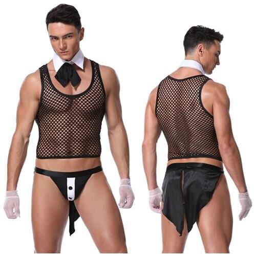 Mens sexy bar bartender clothing perspective mesh sexy DS pole dance uniform COSPLAY performance clothing