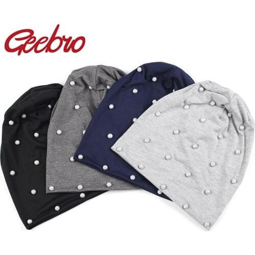 Geebro Fashion Soft Women Metallic Pearls Cotton Beanies Hat Caps 2020 New Spring Slouch Rhinestones Stretch Hats Bonnet Femme