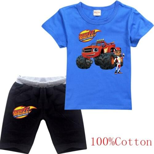 Summer Baby Boy Clothes Cartoon Blaze and the Monster Machines Print Children Kid Girl Tee Tops Short Sleeve T Shirt+Shorts Set