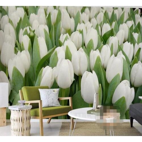 Wallpaper Mural Wall Sticker White Tulip Flower Sea Flower Field floral green backround papel de parede