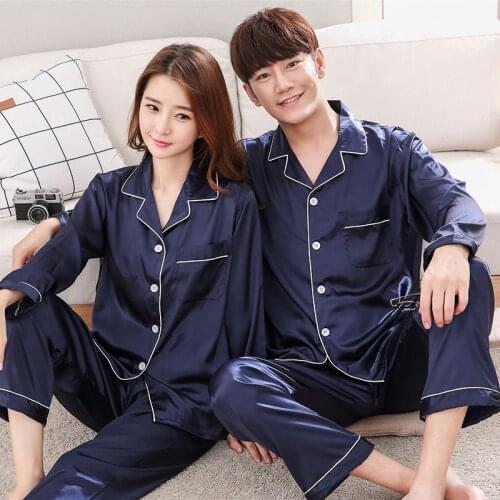 Autumn Couple Pajamas Sleepwear Set Long Sleeve Silk Home Suit Turn-down Neck Couple Nightgown Sleepwear Plus Size 3XL