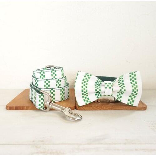 Christmas Personalized ID Engraving name green dog collar and leash set for big and small dog cotton fabric collar metal buckle
