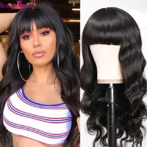 Body Wave Human Hair Wigs With Bangs Brazilian Body Wave Full Machine Made Wig For Black Women Natural Hairline Remy Density 150