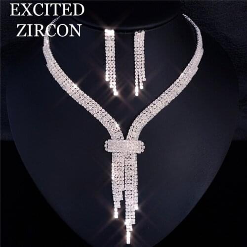 Classic luxury ladies wedding bride fashion tassel necklace earrings set silver exquisite accessories gift banquet accessories