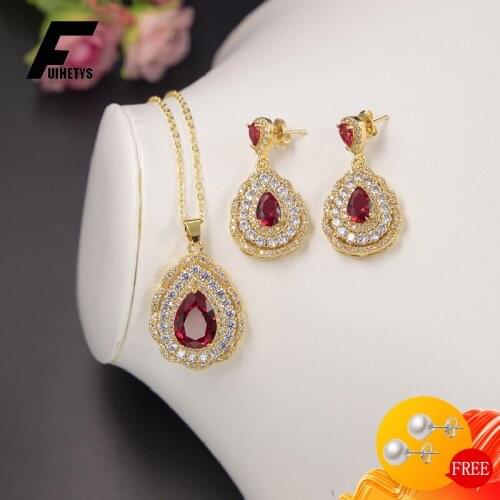 Luxury Earrings Necklace 925 Silver Jewelry Set for Women Wedding Water Drop Shape Ruby Zircon Gemstone Gold Color Accessories
