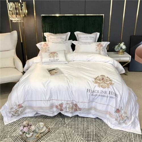 Luxury Royal Flower Embroidery Embroidery Satin Silk Cotton Bedding Set Double Duvet Cover Set Bed Linen Fitted Sheet Pillowcase