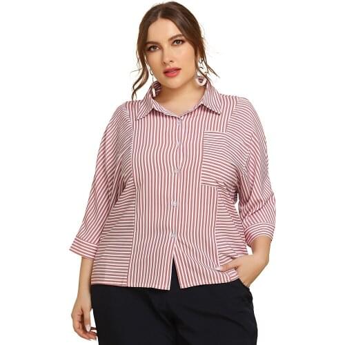 Spring Autumn Plus Size Women Tops Striped Three Quarter Sleeve Casual Shirts for Office Ladies Camisas Mujer TJR130