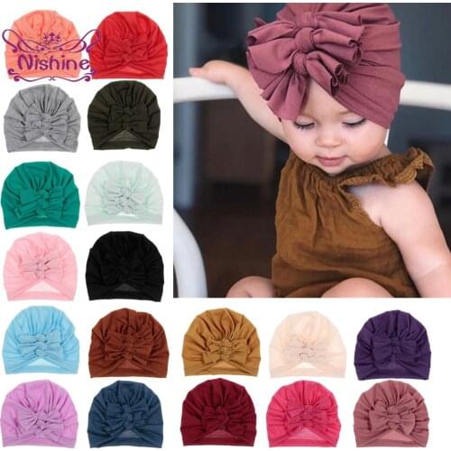 Nishine Soft Baby Girl Hat Bow Cotton Knot Warm Children Caps Kids Newborn Bonnet Beanie Hair Accessories Cute Girls Headwear