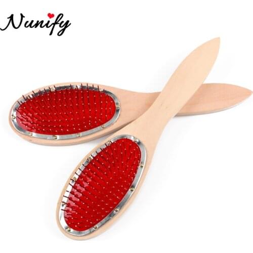 Nunify Wooden Handle Detangling Hair Brush Hair Wig Styling Steel Combs Wide-Toothed Round Head Massage Brush Reduce Hair Tool