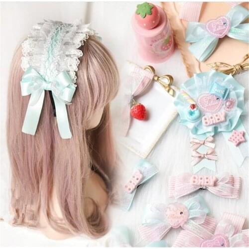 Mint pink lace Bowkot hairpin Sweet Lolita Hair side clip Cosplay Headwear accessories B1015