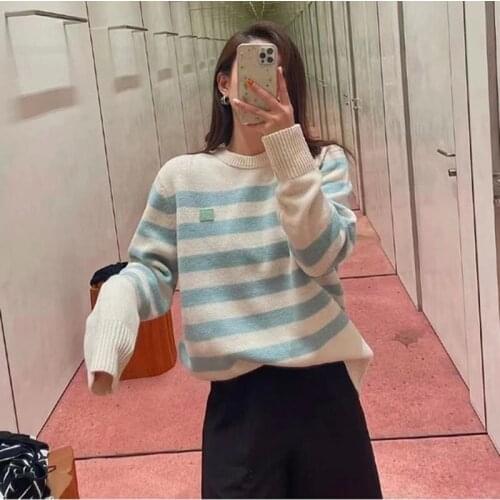 Women Stripes Knitted Sweater Embroidered Smiley O-Neck Ladies Autumn Winter 2021 Loose Long Sleeve Casual Jumpers Pullover Top