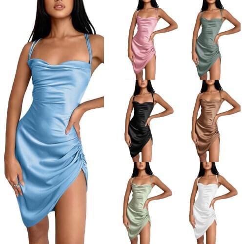 Hirigin Fashion Women Close-fitting Boat Neck Sling Dress Solid Color Sleeveless Backless Back Bandage Spaghetti Strap Skirt
