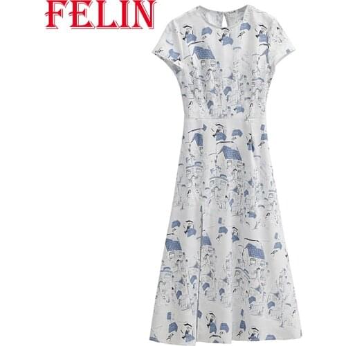FELIN Women Dress Za Fashion 2021 Summer Chinese Style O-Neck Short Sleeve Chic Mid-Calf Backless Slim Dresses Female Vestidos