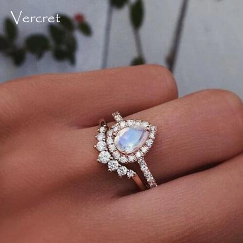 Vercret Sterling Silver Zircon Rings For Women Moon Stone Rings Rose Gold Heart Jewelry For Gift
