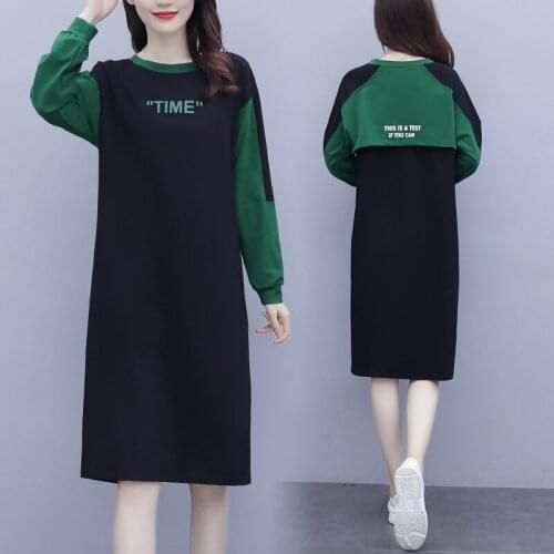 Womens Loose Long SLeeve T-Shirt Dress Autumn Slim Casual Blouses Blusas Vintage Green Black Patchwork Fashion Dresses Clothes