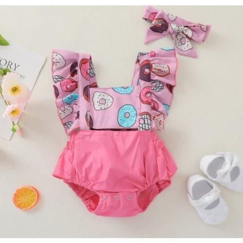 Baby Girls 2Pcs Summer Outfits Cute Doughnut Print Ruffle Sleeve Romper with Headband Set