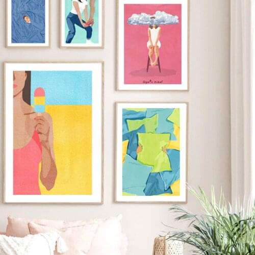 Abstract Figure Cup Thinking Beach Girl Hand Flower Nordic Posters and Prints Canvas Painting Pictures For Living Room Decor