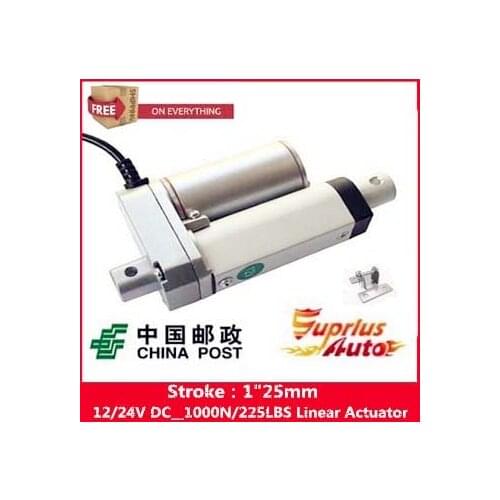Free Shipping electric linear actuator with new stent, 1inch/25mm 10mm/s stroke 1000N/225LBS 12V DC mini linear actuator