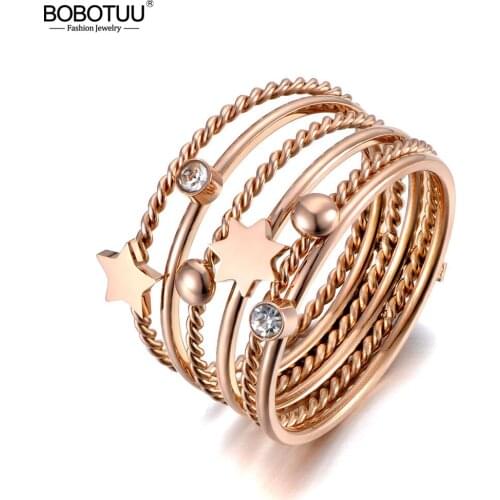 BOBOTUU New Titanium Stainless Steel Fine Ring Jewelry Rose Gold Star Ball CZ Rhinestone Bridal Wedding Rings For Women BR19122