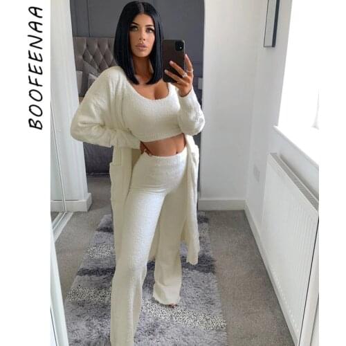 BOOFEENAA Comfy Lounge Wear 3 Piece Set Long Sleeve Cardigan Top and Pants Winter Outfits for Women Matching Sets C97-AEB102