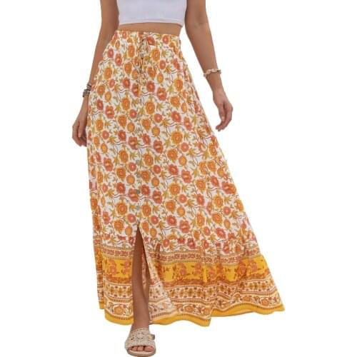 CINESSD Printed Buttoned Split Women Skirts Yellow Floral High Waist Lace Up Single Breasted A Line Swing Casual Long Boho Skirt