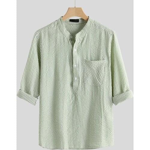 54# Hawaiian Shirt Men Summer Leisure Linen Long Sleeves T-shirt Top Blouse Striped Slim Fit Stand Collar Shirt Male Clothes