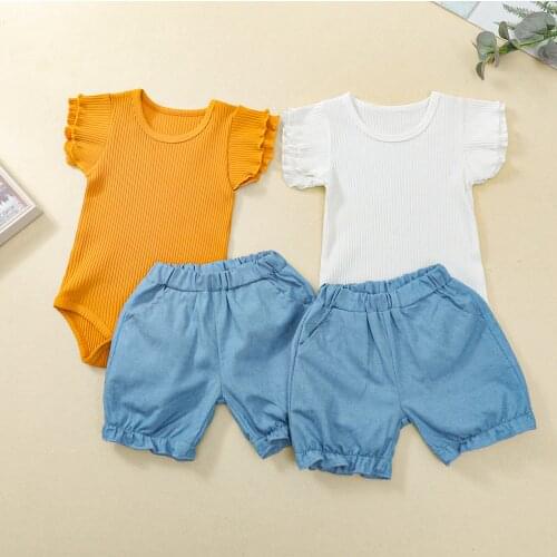 Newborn Baby Girls Clothes Sets Summer Infant Outfits Solid Cotton Short Sleeve Romper Tops Denim Shorts 2Pcs Toddler Clothing