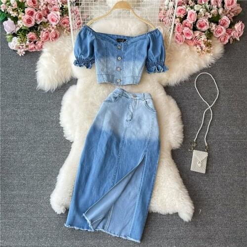 Korobov Korean Office Lady Women 2 Pieces Sets V Neck Puff Sleeve Crop Blouses and Hit Color Patchwork Denim Split Skirts Suits