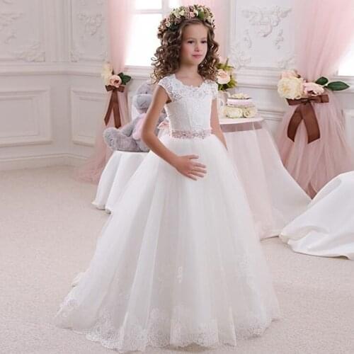 Elegant First Communion Dresses For Girls Gown White Lace Bow Flower Girl Dresses For Weddings Kids Evening Gowns