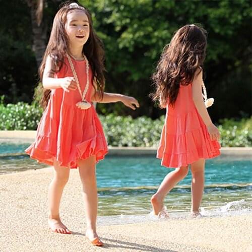 2019 Summer Solid Vest Beach Girls Dress Baby Girl Princess Dress 3-14 Years Children Clothes Kids Party Clothing For Girls