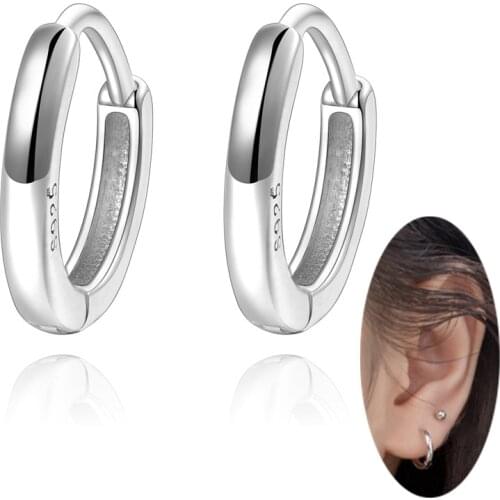 Small Hoop Earrings 925 Real Sterling Silver Round Circle Huggie Hinged for Women Men Silver Black 10MM 12MM