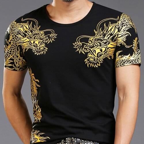 Men Cotton Dragon Printing Slim Fit T-Shirt Gold Short Sleeves Tee Tops Chic