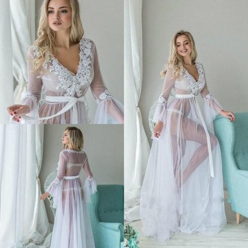 V Neck See Through Night Robes Custom Made Long Sleeves Lace Applique Plus Size Nightgowns Robes Women Sleepwear Celebrity Dress