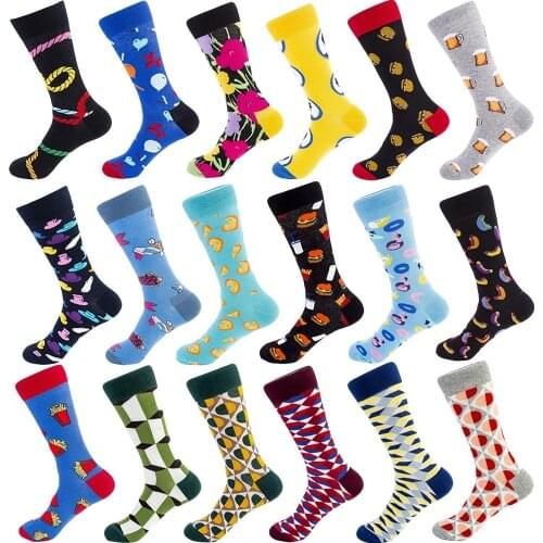 PEONFLY 1 Pair Men Socks Combed Cotton Food Hamburger Beer Pizza Geometric Colorful Plaid Novelty Funny Happy Socks Men