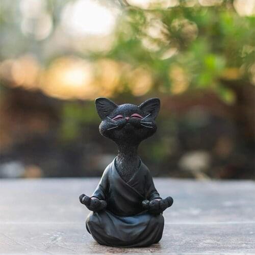 ZK50 New Black Buddha Cat Figurine Meditation Yoga Collectible Happy Cat Decor Art Sculptures Garden Statues Home Decor 2021