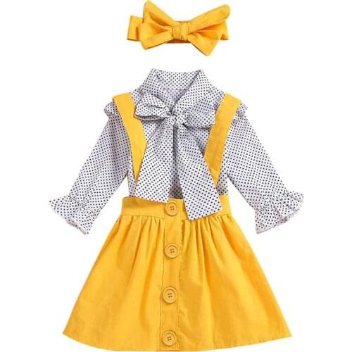 3pcs Girl Clothes Set Print Dot Shirt Suspenders Skirt Knotbow Heandband for Toddlers Kids Outfits 2019 Fashion Girls Clothing