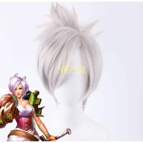 LOL Riven The blade of exile Cosplay wig Silver White Short Synthetic hair League of Legends Costume Wig With Chip Ponytail